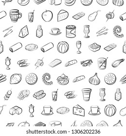 Food images. Background for printing, design, web. Seamless. Monochrome binary, black and white.