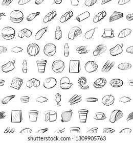 Food images. Background for printing, design, web. Seamless. Monochrome binary, black and white.