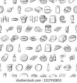 Food images. Background for printing, design, web. Seamless. Monochrome binary, black and white.