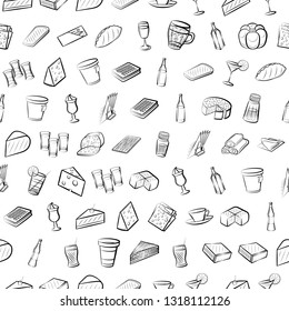 Food images. Background for printing, design, web. Seamless. Monochrome binary, black and white.