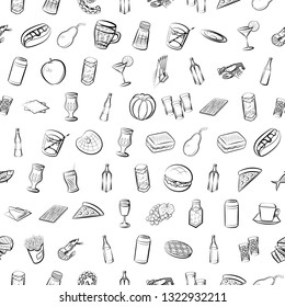 Food images. Background for printing, design, web. Seamless. Monochrome binary, black and white.