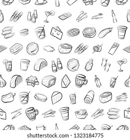 Food images. Background for printing, design, web. Seamless. Monochrome binary, black and white.