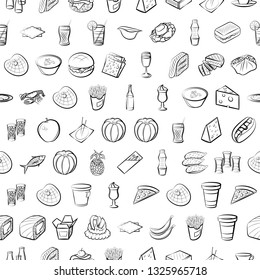 Food images. Background for printing, design, web. Seamless. Monochrome binary, black and white.