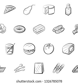 Food images. Background for printing, design, web. Seamless. Monochrome binary, black and white.