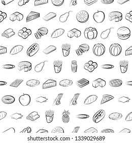 Food images. Background for printing, design, web. Seamless. Monochrome binary, black and white.