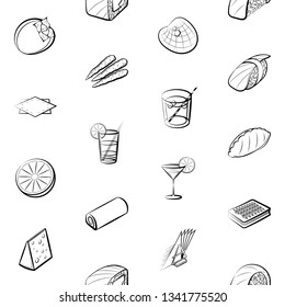 Food images. Background for printing, design, web. Seamless. Monochrome binary, black and white.