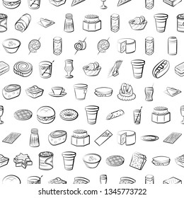 Food images. Background for printing, design, web. Seamless. Monochrome binary, black and white.
