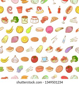 Food images. Background for printing, design, web. Usable as icons. Seamless. Colored.