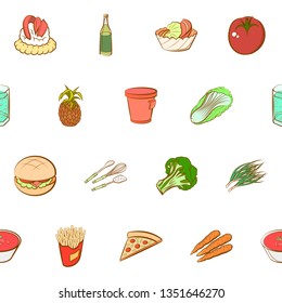 Food images. Background for printing, design, web. Usable as icons. Seamless. Colored.