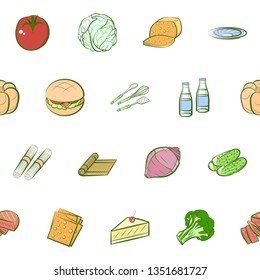 Food images. Background for printing, design, web. Usable as icons. Seamless. Colored.