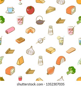 Food images. Background for printing, design, web. Usable as icons. Seamless. Colored.