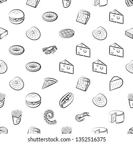 Food images. Background for printing, design, web. Usable as icons. Seamless. Monochrome binary, black and white.
