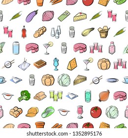 Food images. Background for printing, design, web. Usable as icons. Seamless. Colored.