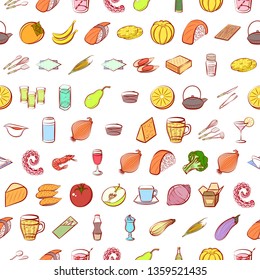 Food images. Background for printing, design, web. Usable as icons. Seamless. Colored.