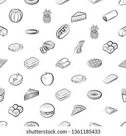 Food images. Background for printing, design, web. Seamless. Monochrome binary, black and white.