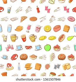 Food images. Background for printing, design, web. Usable as icons. Seamless. Colored.