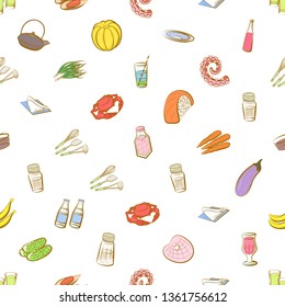 Food images. Background for printing, design, web. Usable as icons. Seamless. Colored.