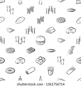 Food images. Background for printing, design, web. Usable as icons. Seamless. Monochrome binary, black and white.