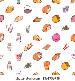 Food images. Background for printing, design, web. Usable as icons. Seamless. Colored.