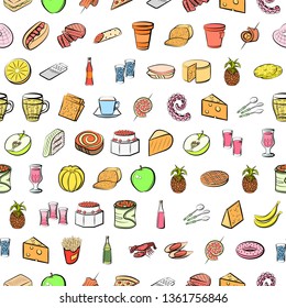 Food images. Background for printing, design, web. Usable as icons. Seamless. Colored.