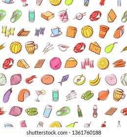 Food images. Background for printing, design, web. Usable as icons. Seamless. Colored.