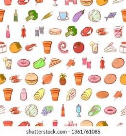 Food images. Background for printing, design, web. Usable as icons. Seamless. Colored.