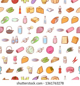Food images. Background for printing, design, web. Usable as icons. Seamless. Colored.