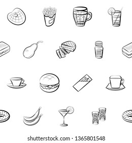 Food images. Background for printing, design, web. Seamless. Monochrome binary, black and white.