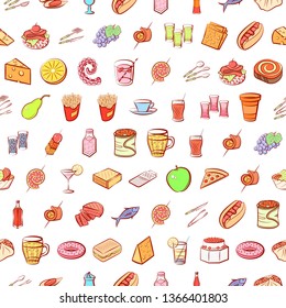 Food images. Background for printing, design, web. Usable as icons. Seamless. Colored.