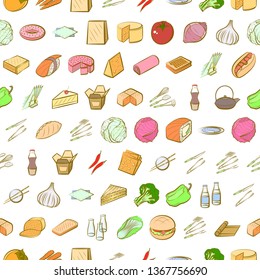 Food images. Background for printing, design, web. Usable as icons. Seamless. Colored.