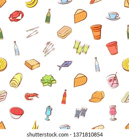 Food images. Background for printing, design, web. Usable as icons. Seamless. Colored.