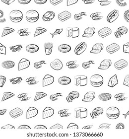 Food images. Background for printing, design, web. Usable as icons. Seamless. Monochrome binary, black and white.