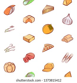 Food images. Background for printing, design, web. Usable as icons. Seamless. Colored.