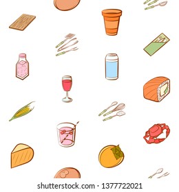 Food images. Background for printing, design, web. Usable as icons. Seamless. Colored.