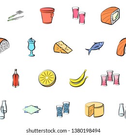 Food images. Background for printing, design, web. Usable as icons. Seamless. Colored.