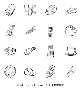 Food images. Background for printing, design, web. Usable as icons. Monochrome binary, black and white.