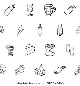 Food images. Background for printing, design, web. Usable as icons. Seamless. Monochrome binary, black and white.