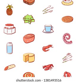 Food images. Background for printing, design, web. Usable as icons. Seamless. Colored.