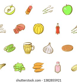 Food images. Background for printing, design, web. Usable as icons. Seamless. Colored.