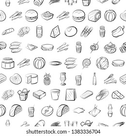 Food images. Background for printing, design, web. Seamless. Monochrome binary, black and white.
