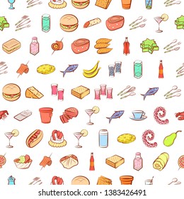 Food images. Background for printing, design, web. Usable as icons. Seamless. Colored.