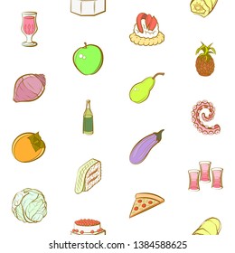 Food images. Background for printing, design, web. Usable as icons. Seamless. Colored.