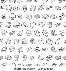 Food images. Background for printing, design, web. Usable as icons. Seamless. Monochrome binary, black and white.