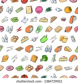Food images. Background for printing, design, web. Usable as icons. Seamless. Colored.