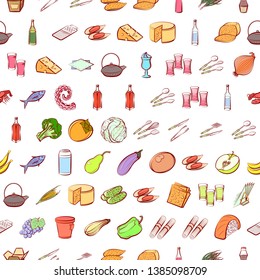 Food images. Background for printing, design, web. Usable as icons. Seamless. Colored.