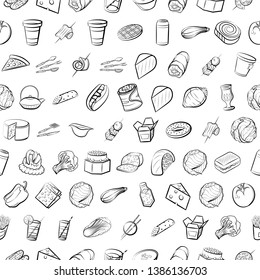 Food images. Background for printing, design, web. Usable as icons. Seamless. Monochrome binary, black and white.