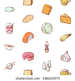 Food images. Background for printing, design, web. Usable as icons. Seamless. Colored.