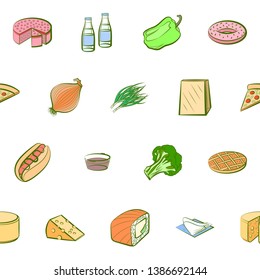 Food images. Background for printing, design, web. Usable as icons. Seamless. Colored.