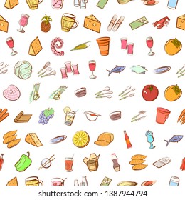 Food images. Background for printing, design, web. Usable as icons. Seamless. Colored.