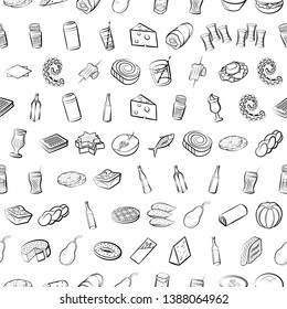 Food images. Background for printing, design, web. Seamless. Monochrome binary, black and white.
